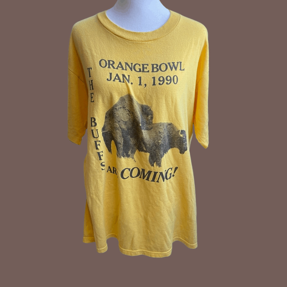 Jerzees Orange Bowl Tee | Buffalo Graphic Yellow | Size XL | Vintage
